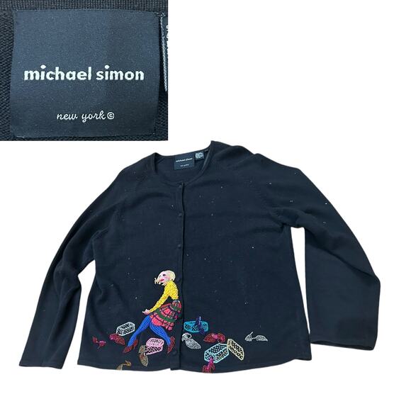 Vintage Black Michael Simon Cardigan Beaded Embroidered Sweater / XL - - Picture 1 of 5